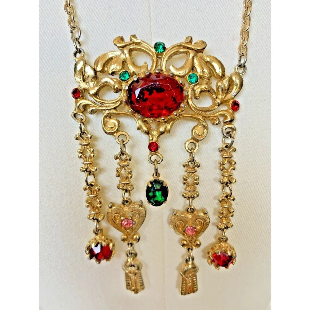 Vintage Lupé Signed Egyptian Revival Necklace Gold Tone Rhinestone Fringe
